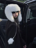 Daiiibabyyy  Plush Pom Pom Laced Up Bomber Hats Women Winter Warm Imitation Mink Ear Pilot Hat Cute Tail Hanging Ball Tether Snow Ski Beanies