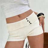 Daiiibabyyy  Women's Knit Crochet Micro Shorts Casual Slim Fit Stylish Decorative Button Ribbed Trim Foldover Mid Rise Shorts Y2K Streetwear