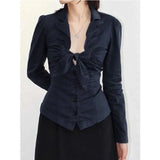 DAIIIBABYYY  -  Y2k Aesthetic Women Sexy Cropped Blouse 2025 Solid Single Breasted Slim Fit Grunge Shirt Harajuku Pleated Bow Streetwear Blouses