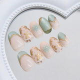 Daiiibabyyy  24pcs Manicure Oval False Nails Green French Fake Nails Detachable Cat Eye Flower Nail Tips DIY