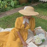Daiiibabyyy  Fashion Women Summer Hat Wide Brim Beach Hat Ribbon Tie Wheat Straw Hat Outdoorsman Boater Hat Sun Protective Panama