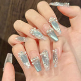 Daiiibabyyy  10pcs Blue Ice Crystal Cat's Eye Press On Nails Glitter Sequins Pearl Diamond Handmade Fake Nails Romantic French Tip False Nail