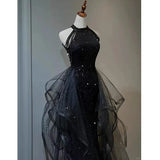 Daiiibabyyy  Halter Neck Slim Fit Long Blue Black Sequin Dress Birthday Party Coming-of-Age Ceremony Host Annual Meeting White Red Gown
