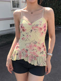 Daiiibabyyy  Vacation Y2k Flower Print V Neck Spaghetti Strap Sleeveless Slim All Match Basic Tanks