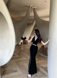 Daiiibabyyy  French Elegant Heavy Work Handmade Rhinestone Dress Women Velvet Sexy Slim Long Dress Evening Gown Fashion High Waist V-Neck