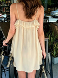 Daiiibabyyy  French Temperament Solid Ruffles Spaghetti Strap V Neck A-LINE Short Off Shoulder Dresses