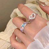 Daiiibabyyy  Y2K Pink Zircon Hollow Heart Rings for Women Minimalist Silver Color Opening Adjustable Ring Jewelry Wedding Gift