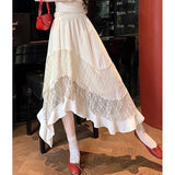 Daiiibabyyy  Irregular Sweet Lace Midi Skirt Women High Waisted Ruffled Pleated Skirt Preppy Style Summer Vacation Beach Tiered Cake Skirt