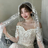 Daiiibabyyy  Wedding Bridal Veil Lace Pearl Trim Elegant Bride Headpiece for Wedding Ceremony Bridal Photoshoot,Lightweight Tulle Bridal Veil