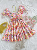 Daiiibabyyy  Women Summer Floral Print Bubble Sleeve Loose Fit A-Line Dress With Ruffles