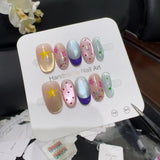 Daiiibabyyy  10PCS Purple Cat Eye Sweet Short Oval Handmade False Nails with Cute Bow Plaid Pattern French Press on Nails Full Cover Wearable