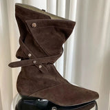 Daiiibabyyy  Vintage Faux Suede Rivet Strap Flod Women Mid-calf Boots Fashion Autumn Winter Low Heeled Chelsea Modern Boots Shoes Botas Mujer