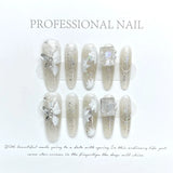 Daiiibabyyy 10Pcs Green Handmade Cat Eye Press on Nails Butterfly Wearable Rhinestones False Nails Ballet Glitter Decoration Nail Tips Art