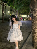 DAIIIBABYYY  -  A-line Organza Dresses Female Square Collar Puff Sleeve Robe Femme Slim Waist Sweet Mini Dress Summer Korean Vestido