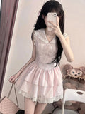 DAIIIBABYYY  -  Sweet Slim Pink Dress Women Cute Preppy Style Sailor Collar Mini Dress Casual Retro Japan Lace Patchwork Kawaii Cake Dress