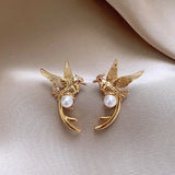 Daiiibabyyy  Silver Needle Zircon Pearl Bird Earrings for Women New Chinese Retro Stud Earring Light Luxury High-end Jewelry Gifts