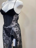 Daiiibabyyy  Sexy Black Lace High Waist Nightgowns Side Split Suspender Dress Design Sense Spice Girl Skinny Slim Perspective Long Nightdress