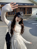 Daiiibabyyy  Korean Style Polo Collar Slim Fit Knitted Dress White Waist Cinching Women's Fashion Autumn Sweet Dress