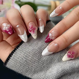 Daiiibabyyy  24PCS White French False Nails 3D Simple Red Flowers Designs Almond Press on Nails with Pearl Fake Nails for Women Wearable Tips