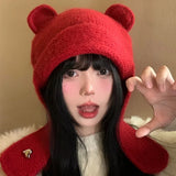 DAIIIBABYY  -  Retro New Year's Red Cute Bear Ears Balaclava Hats for Women Autumn Winter Casual Warm Fashion Versatile Knitted Beanies Y2k