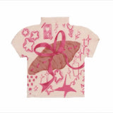 Daiiibabyyy  American Printed Graffiti Short Sleeved T-shirt Summer New Style Spicy Girl High Neck Slimming Design Pleated Top