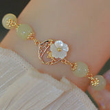 Daiiibabyyy Gold Color Hetian Jade Flower Bracelet For Women Girl Peach Blossom Shell Vintage Jewelry Birthday Gift Dropshipping