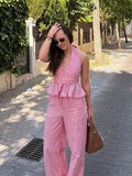 Daiiibabyyy  Striped Textured Halter Peplum Pant Set Ruffle hem Sleeveless Summer Glam Women Two Piece Outfit Trendy Casual Lady Suit