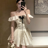 DAIIIBABYYY  -  French Court Style Apricot Flower Mini Dress Fashion Slash Neck Ballet Strapless Pleated A Line Dress Off Shoulder Party Dress