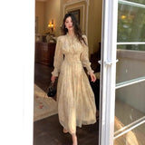 Daiiibabyyy  French Tea Break Floral Chiffon Long Dress Women's Autumn Winter New Style Beautiful Waist Cinching Maxi Skirt V-neck