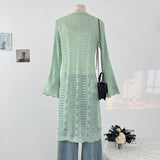 DAIIIBABYYY  -  Vacation Style Hollow Hook Flower Trumpet Sleeve V-neck Knitted Sweater Summer Bow Tie Single Breasted Mid Length Top