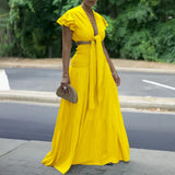 DAIIIBABYYY  -  Women 2 Pieces Skirts Sets Solid Blouse Short Sleeve Deep V Neck & Long SKirts Loose Floor Length Elegant Birthday Party Clothes