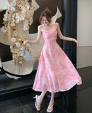 Daiiibabyyy  New Pink Romantic Floral Skirt Summer Slimming Solid Color Fashionable and Fresh Short Skirt Small Slim Strap Dress S6YW