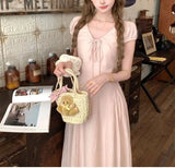 Daiiibabyyy  Women's Clothing French Style V-Neck Long Dress Stylish Drawstring Bow Summer Short Sleeve Vintage Elegant A-Line Waist Dresses