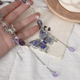 Daiiibabyyy  Purple Necklace for Women Crystal Butterfly Tassels Fashion Punk Style Jewelry Sweet Vintage Collares Para Mujer