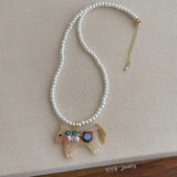 Daiiibabyyy  Cute Candy Color Rhinestones Acrylic Cartoon Horse Pendant Necklaces for Women Simulated Pearl Strand Sweater Chain Choker