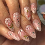 Daiiibabyyy  24pcs Wearable Nails Sets Press on Bow Rhinestone Design Almond Fake Nails Tips Flower Pink Long Nail Art Finished False Nail