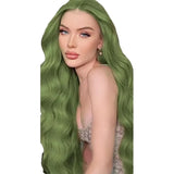 Daiiibabyyy  Green Long Wavy Synthetic Wig with Middle Part, Natural Scalp, Breathable Rose Net for Daily Wear, Cosplay, and Party Looks