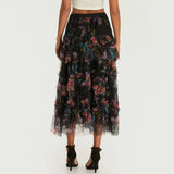 Daiiibabyyy  Early Fall Floral Print Ruffle Mesh Skirt Women Irregular Flowy A-line Midi Skirt for Travel, Beach, Shopping