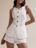 Daiiibabyyy  2 Pieces Set For Woman Shorts Sleeveless Vest Summer Short Pants High Waist Linen Look Capris Two Piece Set Cropped Pants