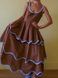 Daiiibabyyy  Elegant Sleeveless Pleated Summer Long Dress Fashion Hight Waist Backless Party Dress U-neck Color-blocked Ruffles A-Line Dress