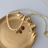 DAIIIBABYYY  -  Elegant Pearl Cherry Pendant Necklace for Women Sweet Choker Necklaces Neck Chain for Wedding Party Jewelry Gift