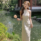 DAIIIBABYYY  -  Improved Modern White Halterneck Floral Embroidery Sleeveless Cheongsam Dress with Jacket Women's Autumn Chinese Party Dresses