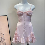 Daiiibabyyy  French Lolita Girl Sleepwear Ice Silk Sexy Nightdress with Chest Pad High Quality Suspender Night Gown for Women Camisolas