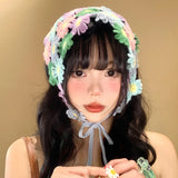 DAIIIBABYYY  -  Korean Version of Dopamine Handmade Crochet Knitted Headscarf Female Summer Sweet Seaside Vacation Tied Hair Triangular Headband