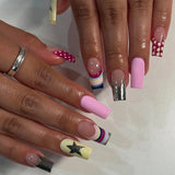 Daiiibabyyy  24PCS Y2k Colorful Medium Square Press on Nail Dopamine Graffiti French False Nails Sweet Cool Silver Star Pink Fake Nails Patch