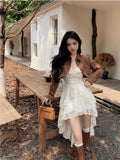 Daiiibabyyy  White Irregular Suspender Dress Fairy Early Spring and Autumn French Style Escape Princess Style Waist-closing Skirt