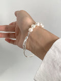 Daiiibabyyy Simple Pearls Bracelets for Women Chic Irregular Silver Color Metal Simulated Pearl Stitching Bangles Wristlet Baroque Jewelry