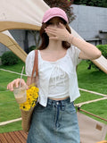 Daiiibabyyy  Fake Two Pieces Woman All Match T Shirts Korean Slash Neck Puff Sleeve Tunic Tees Korean Casual Fashion Summer Bandage T-shirts
