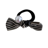 DAIIIBABYYY  -  Celebrity Classic Style Striped Pearl Bow Black and White Color Matching Towel Ring Hair Band Texture Hair Rope Hair Accessories
