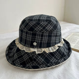 Daiiibabyyy  Japanese Plaid Bucket Hat for Women Spring Summer Breathable Sun Protection Hat Large Brim Lace Edge Foldable Fisherman Hats